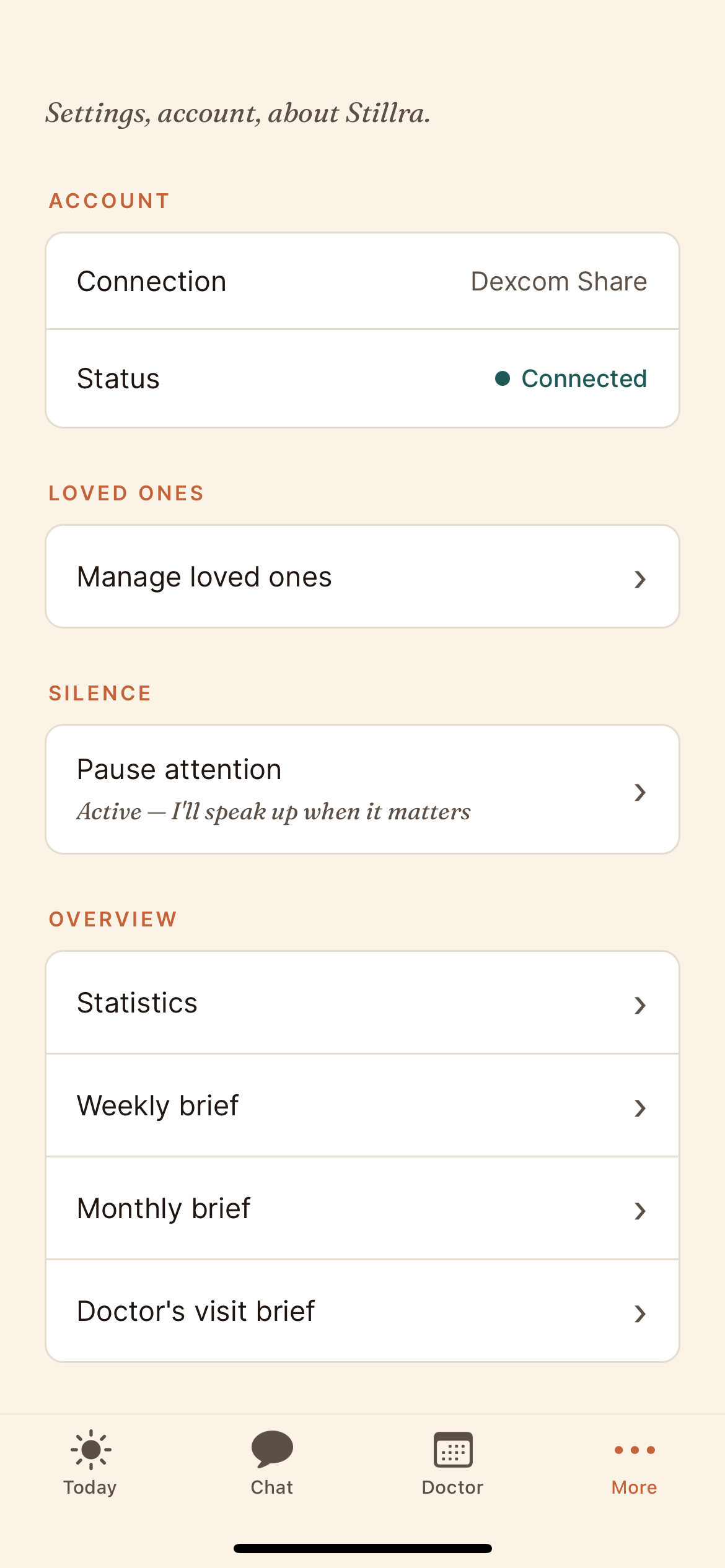 Stillra: More — settings, loved ones, silence